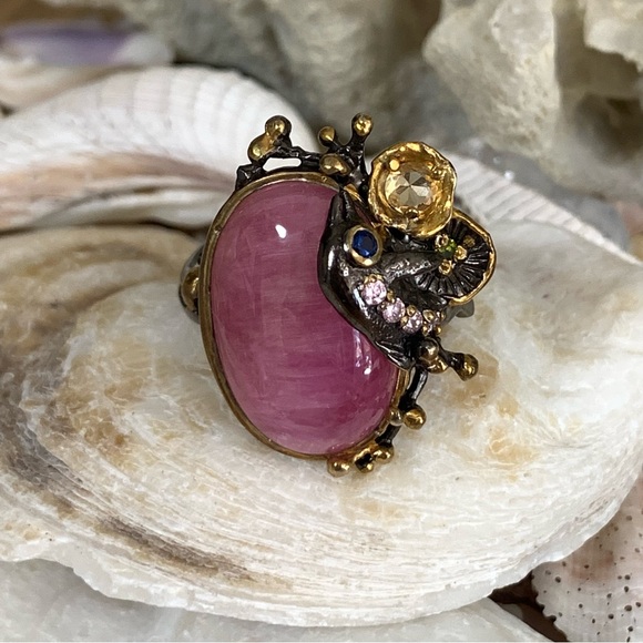 Artist Crafted Ruby & Gemstone Coastal Sterling & 14 kt Ring - Picture 2 of 10